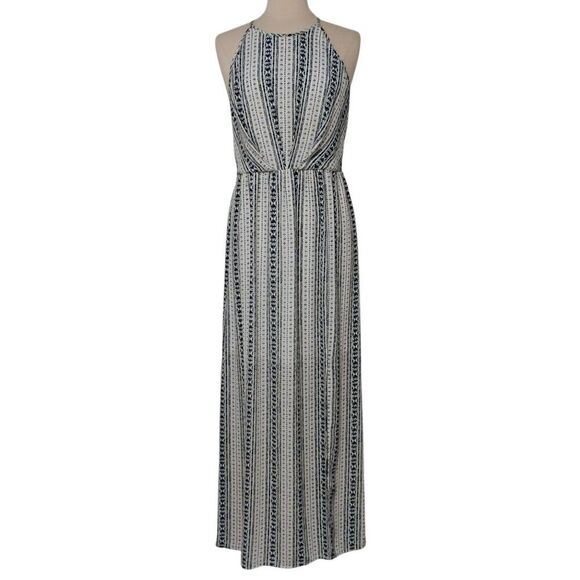 Daniel Rainn Dress Maxi High Neck Thin Straps Slit Chiffon Navy White Lined M - Picture 2 of 11